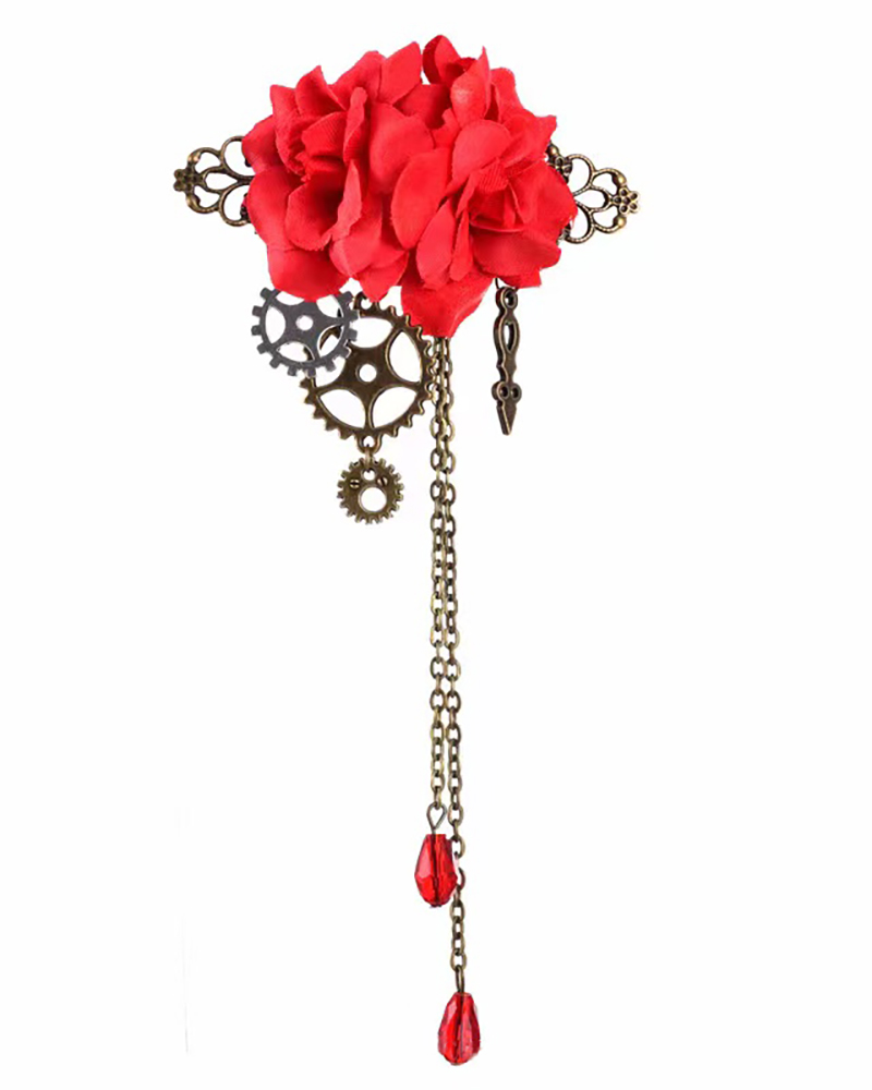 

Steampunk Hair Clip Brooch Pins Floral Gear Charm Chains Gothic Hairpin Badge, Red