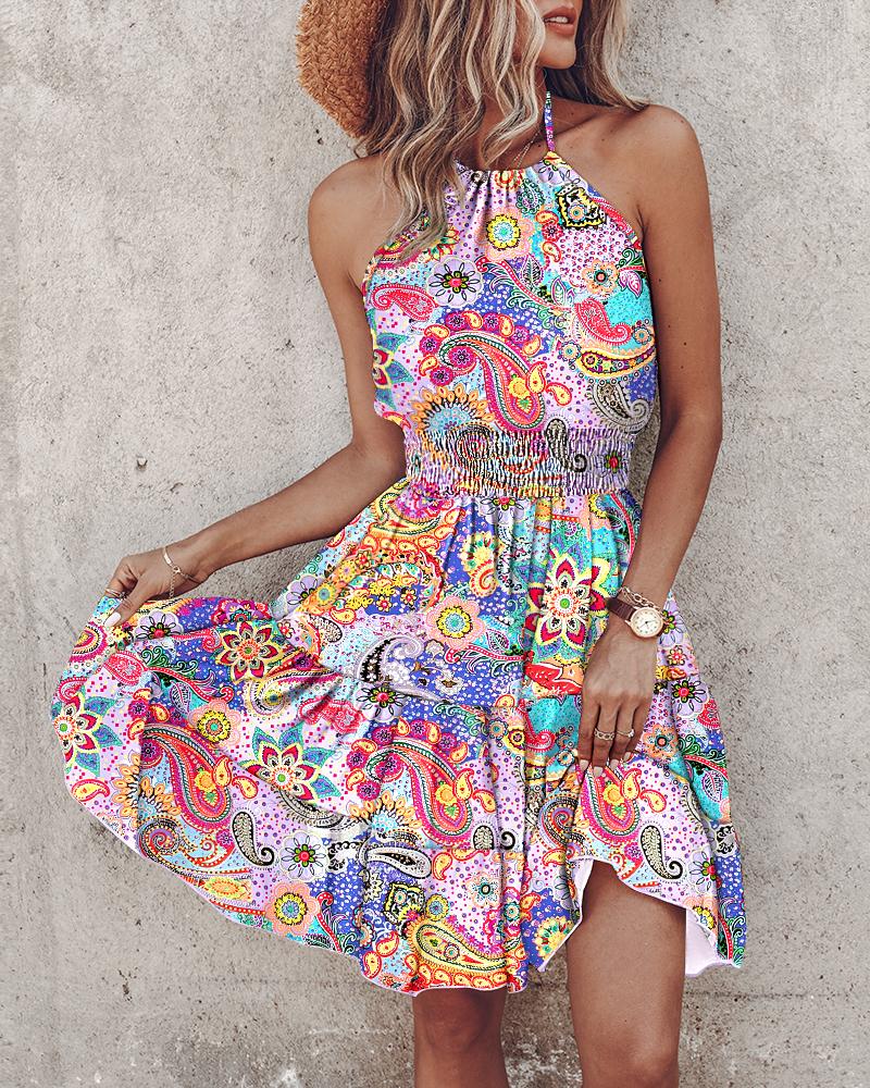 

Paisley Print Halter Backless Ruffles Dress, Multicolor