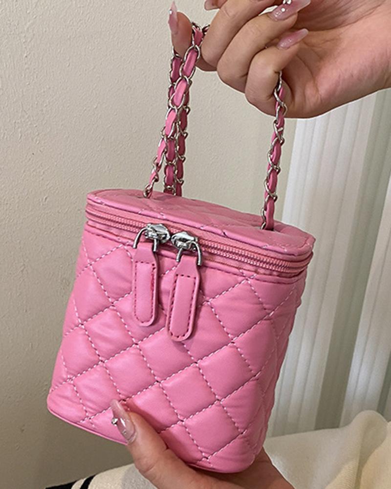 

Quilted Zipper Design Bucket Crossbody Shoulder Bag, Pink