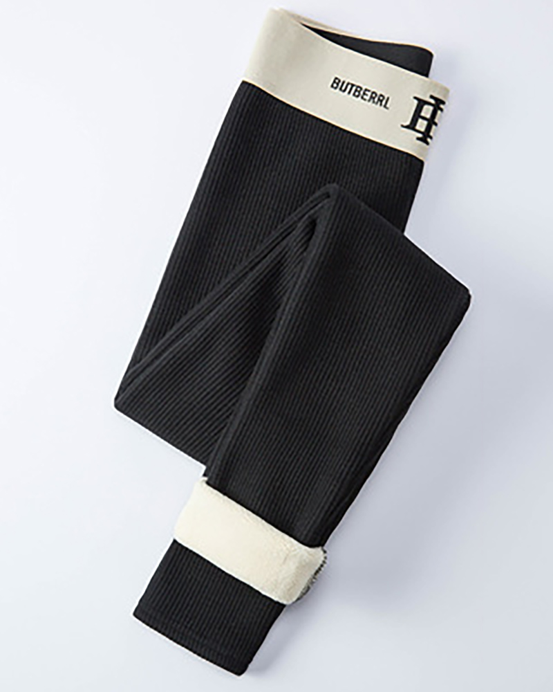 

Fleece Lined High Waist Letter Embroidery Thermal Warm Leggings, Black