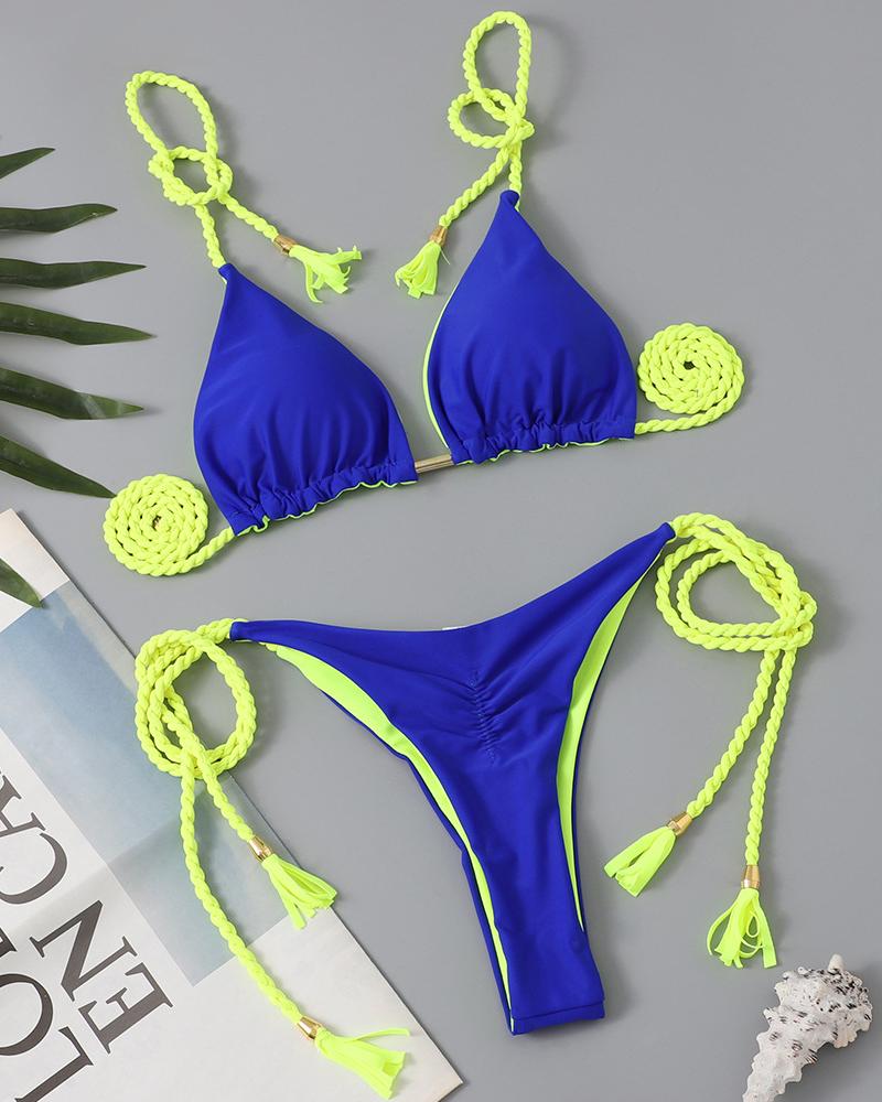

Halter Contrast Paneled Bikini Set Without Cover Up, Blue