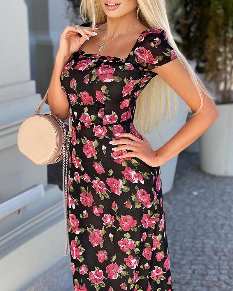 

Frill Hem Shirred Cutout Floral Print Dress, Black