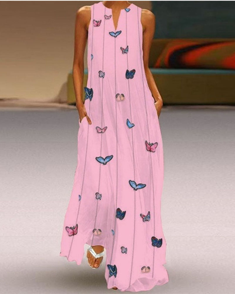 

Butterfly Print Pocket Detail Casual Dress, Pink