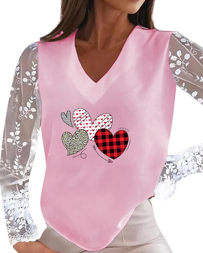 

Plaid Cheetah Heart Print V-Neck Top, Pink