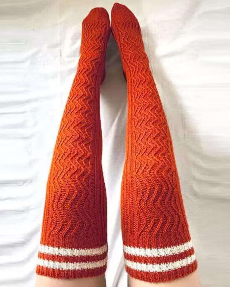 

1Pair Striped Over The Knee Braided Winter Socks, Orange