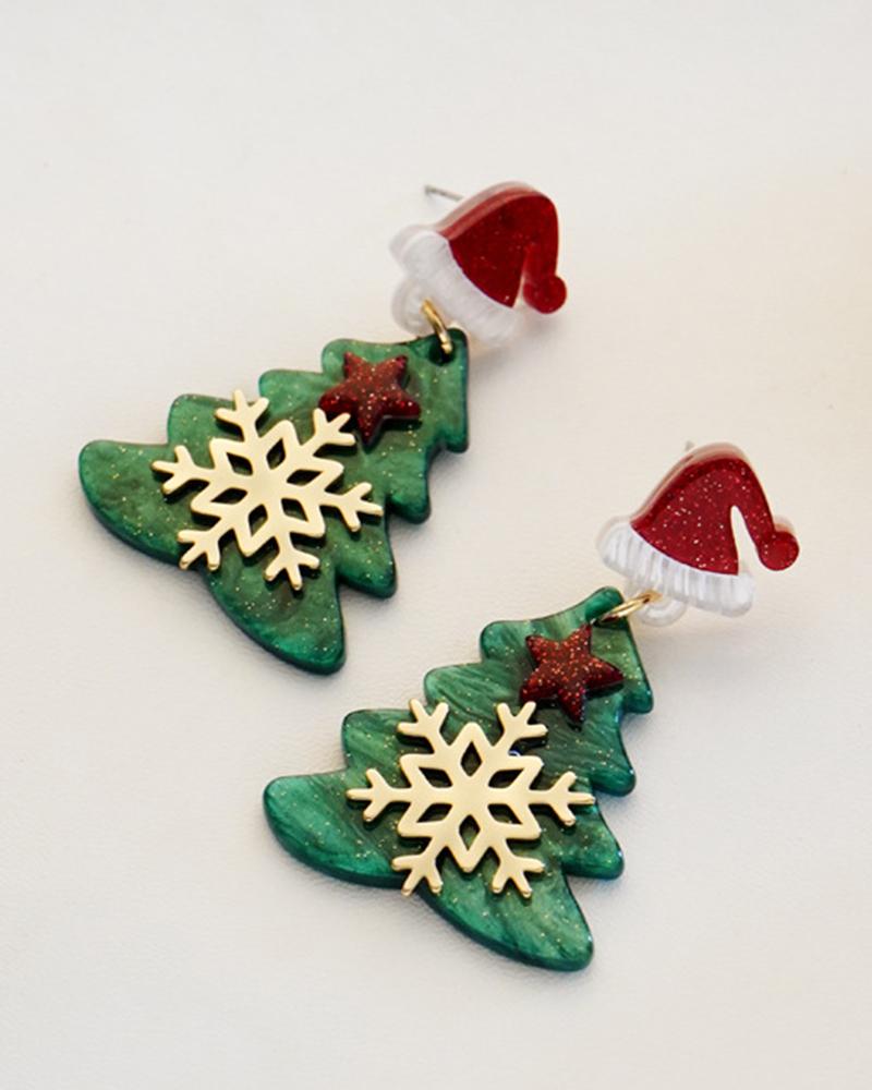 

1Pair Christmas Tree Snowflake Shaped Drop Earrings, Green