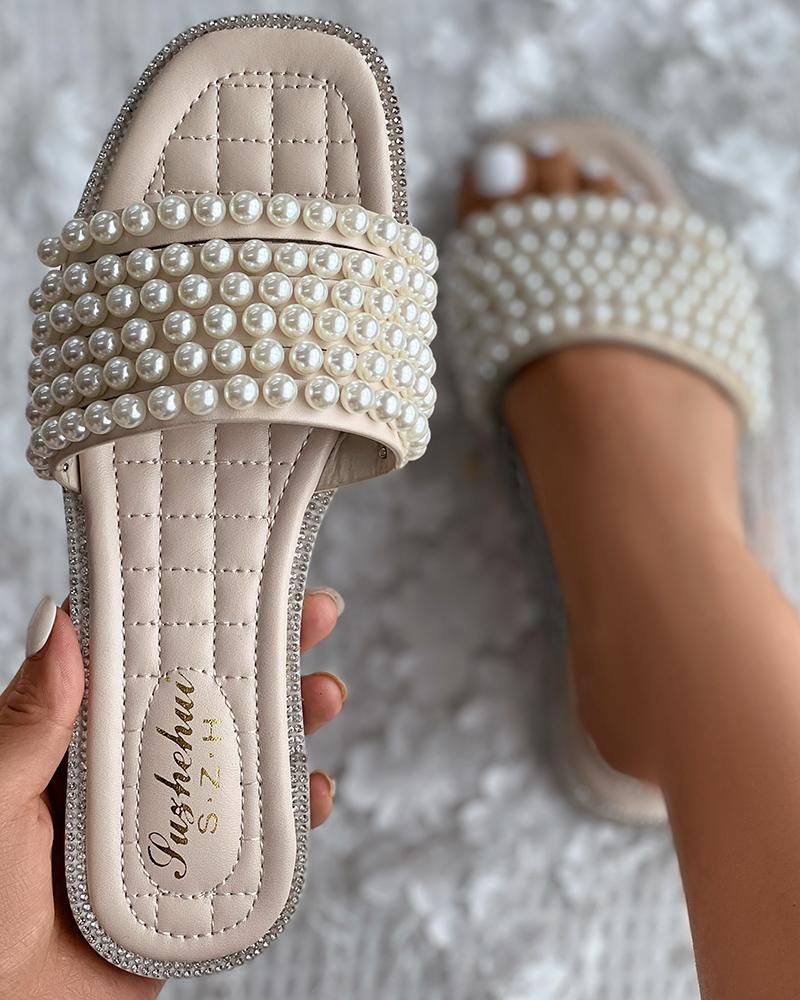 

Square Toe Pearls Decor Quilted Slippers, Beige