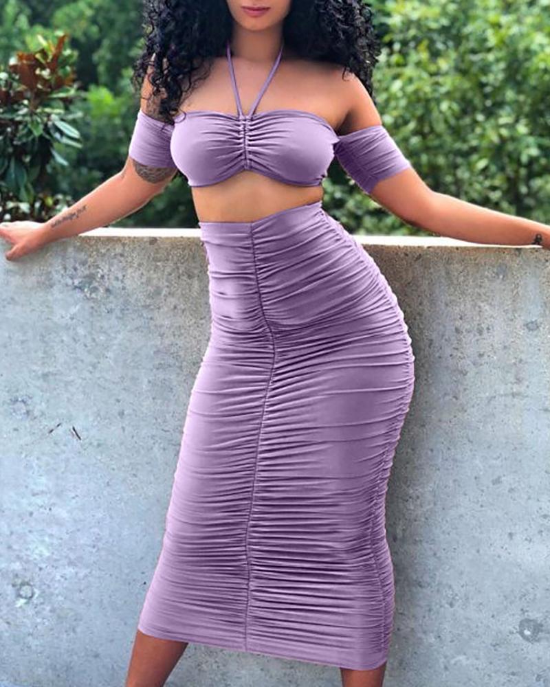 

Halter Off Shoulder Ruched Top & Skirt Set, Purple