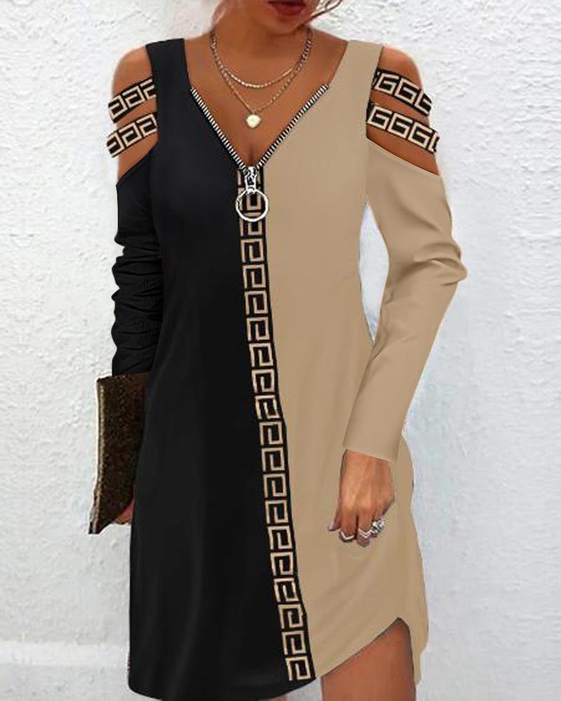 

Geometric Print Colorblock Cold Shoulder Casual Dress, Khaki