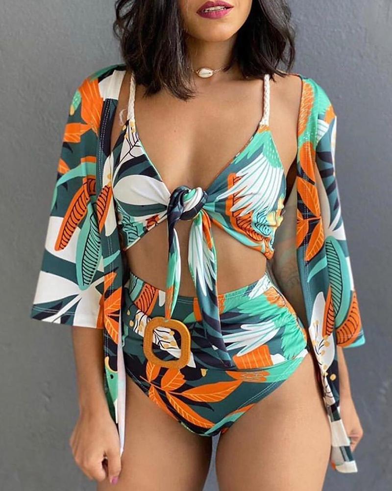 

Plus Size 3PCS Plant Print Knotted Bikini Set With Cover Up, Green