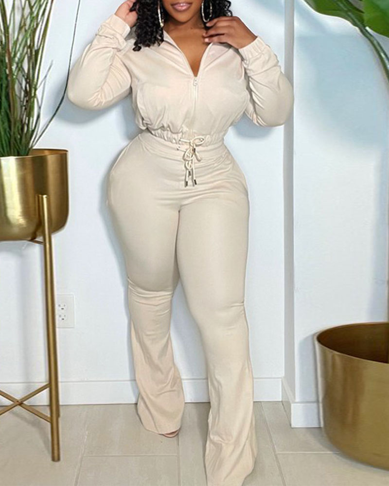 

Drawstring Zip Up Crop Top & Bootcut Pants Set, Apricot
