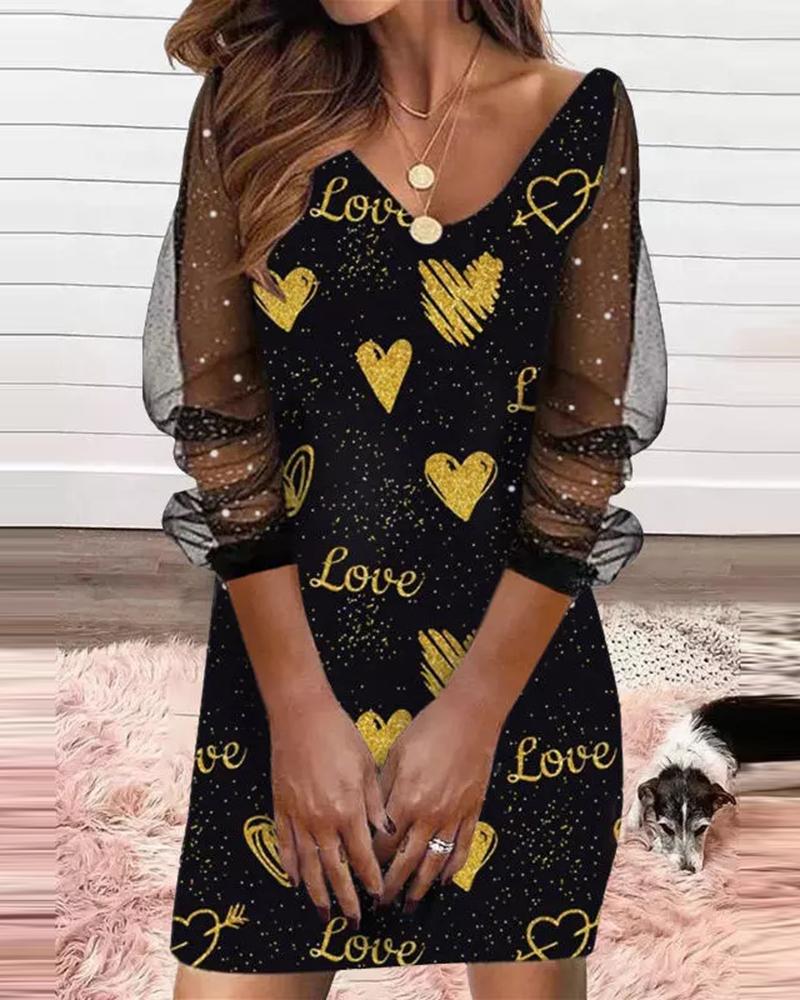 

Valentine' Day Heart Print Mesh Patch Dress, Black