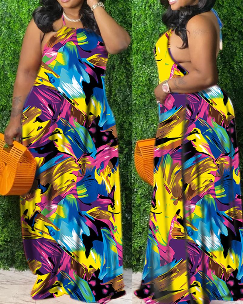 

All Over Print Halter Backless Cami Maxi Dress, Yellow