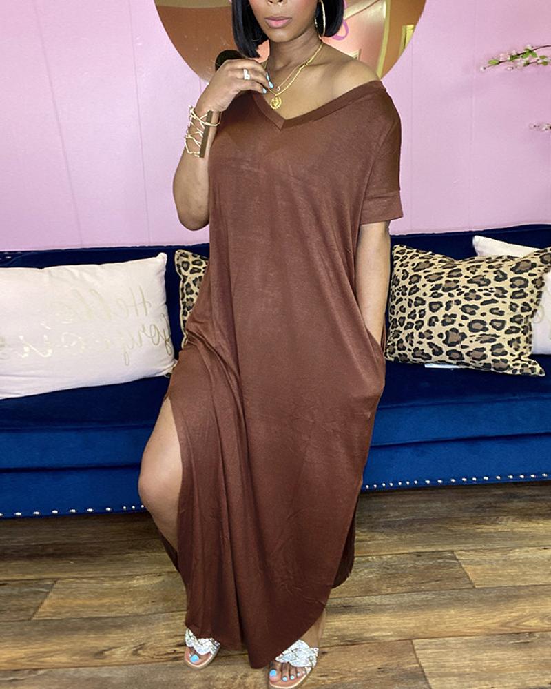 

V-Neck Pocket Design Split Hem Casual Dress, Brown