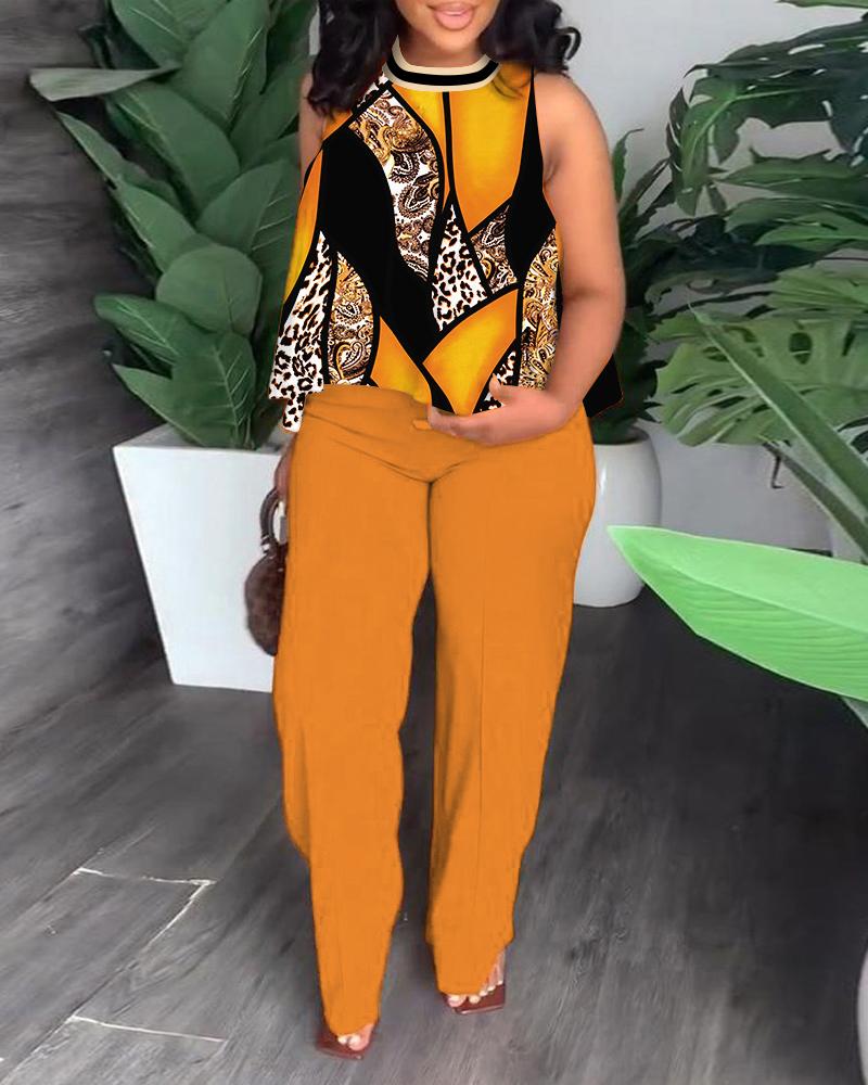 

Baroque Leopard Print Flowy Tank Top & Pants Set, Yellow