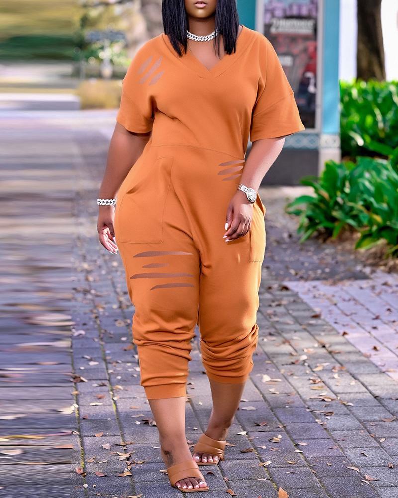 

Pocket Design Cutout Short Sleeve Jumpsuit, Orange