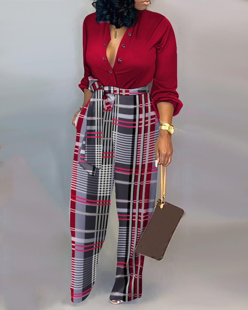 

Plaid Print Patchwork Long Sleeve Belted Jumpsuit, Red