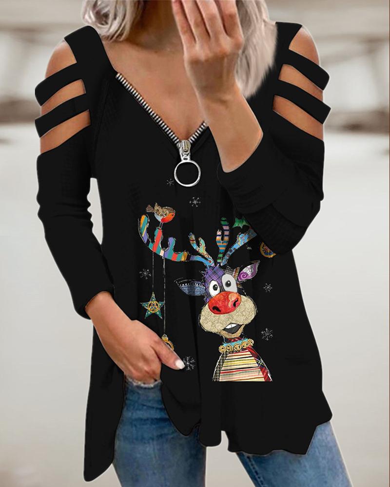 

Christmas Elk Print Cutout Zipper Design Top, Black