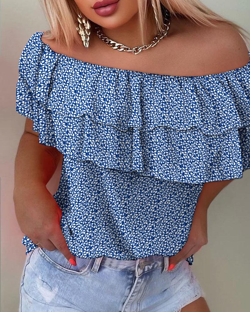 

Plant Print Off Shoulder Ruffle Hem Top, Blue