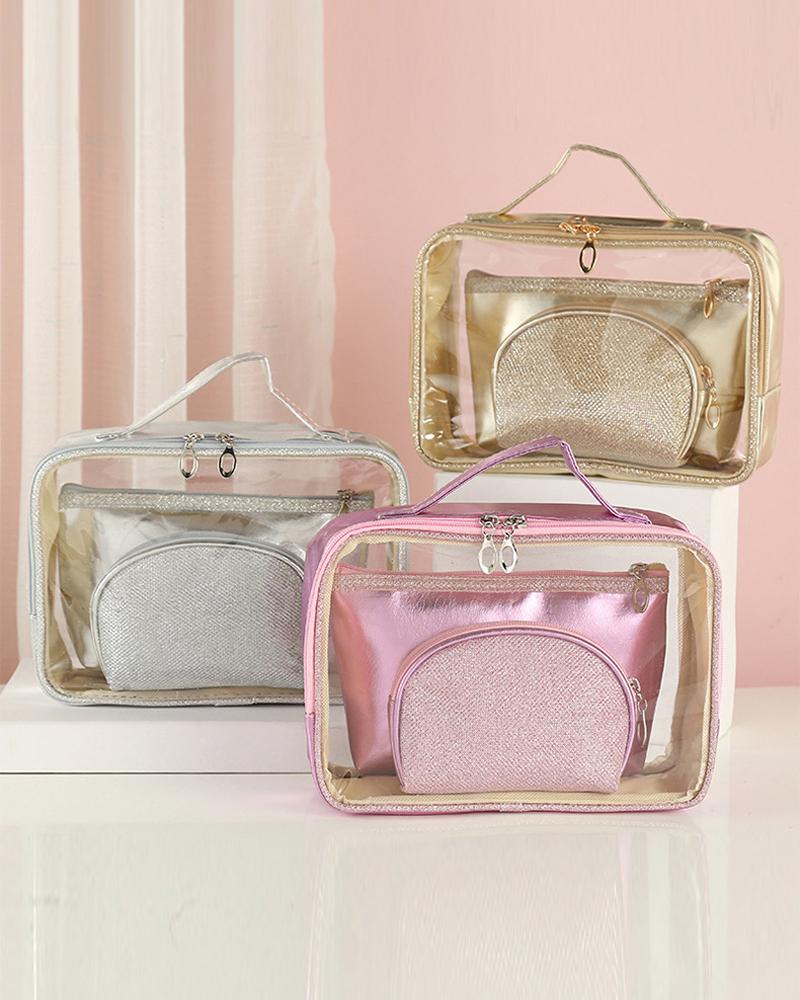 

3PCS Clear Makeup Bag Cosmetic Beauty Bag Portable Travel Pouch Multifunctional Toiletry Organizer, Pink