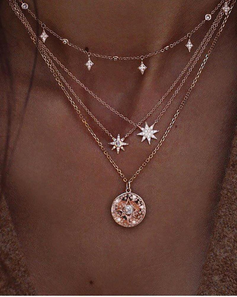 

Star Pattern Beaded Studded Decor Layered Pendant Necklace, Gold