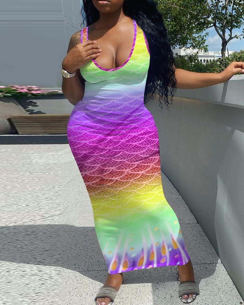 

Scale Pattern Print Colorblock Maxi Dress, Purple
