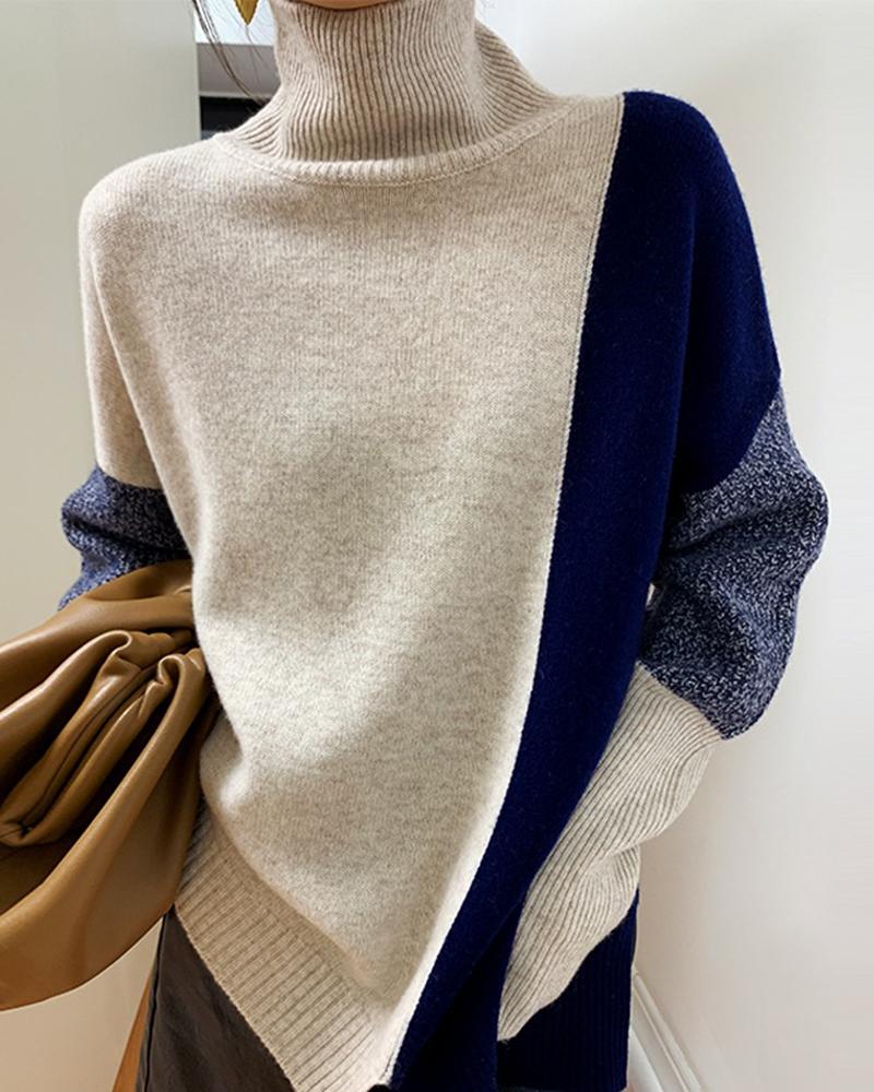 

Colorblock High Neck Long Sleeve Knit Sweater, Apricot