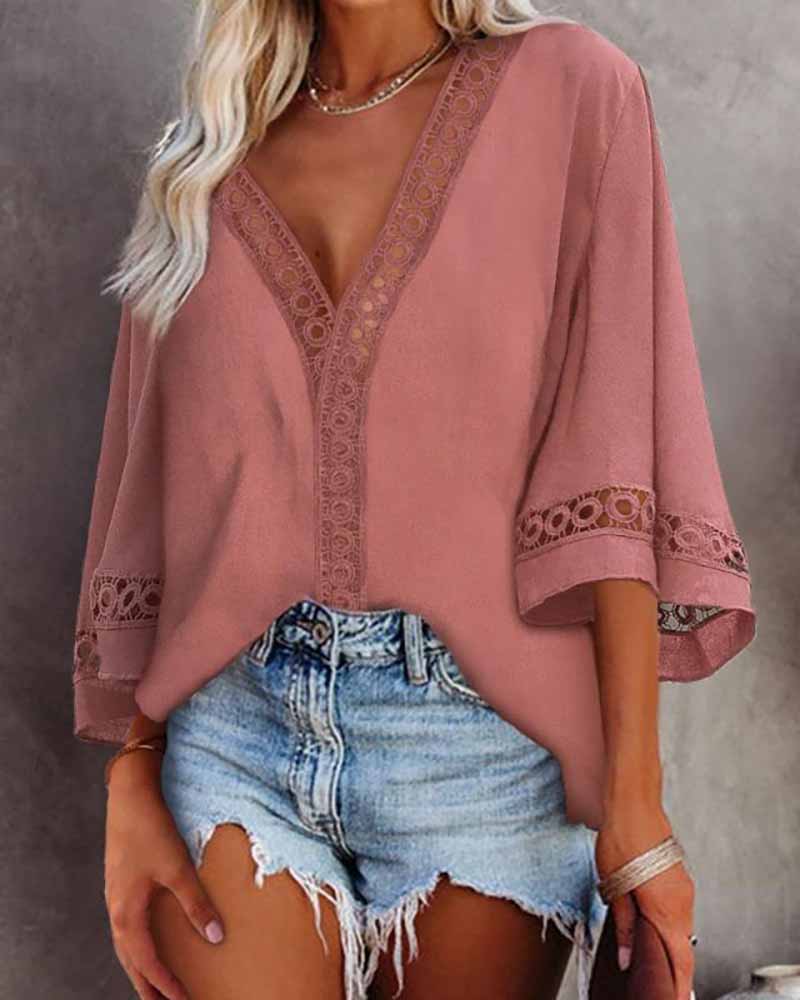 

Lace Patch V Neck Casual Top, Pink