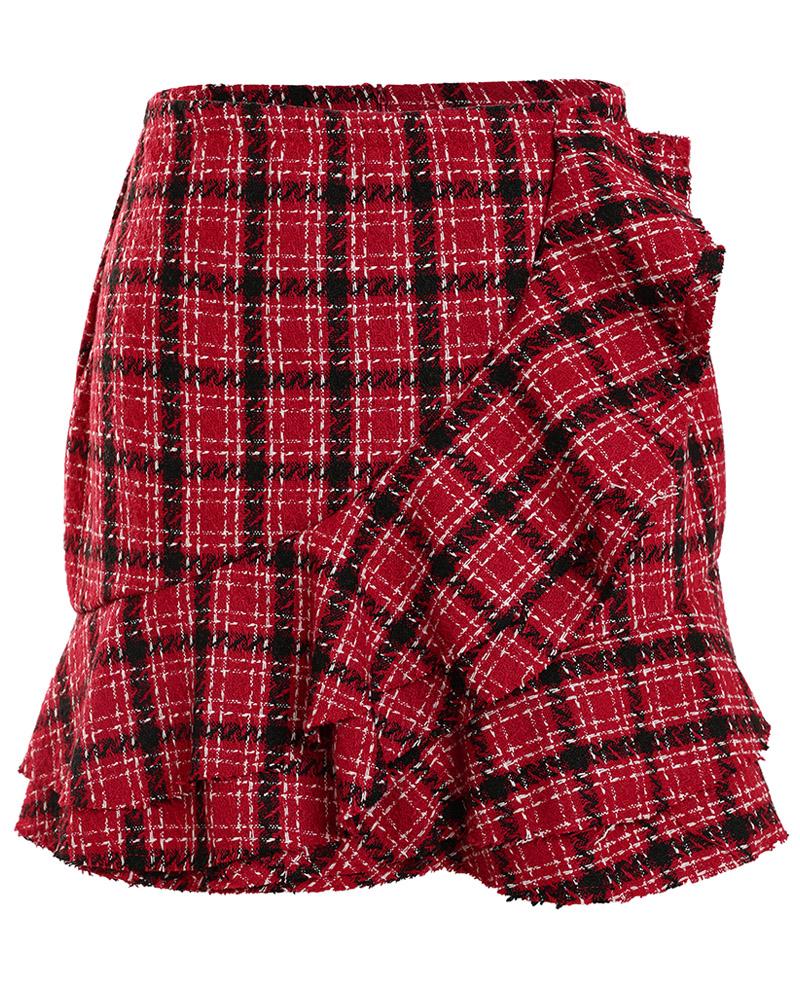 

Tweed Ruffles Trim Plaid Print Skirt, Red