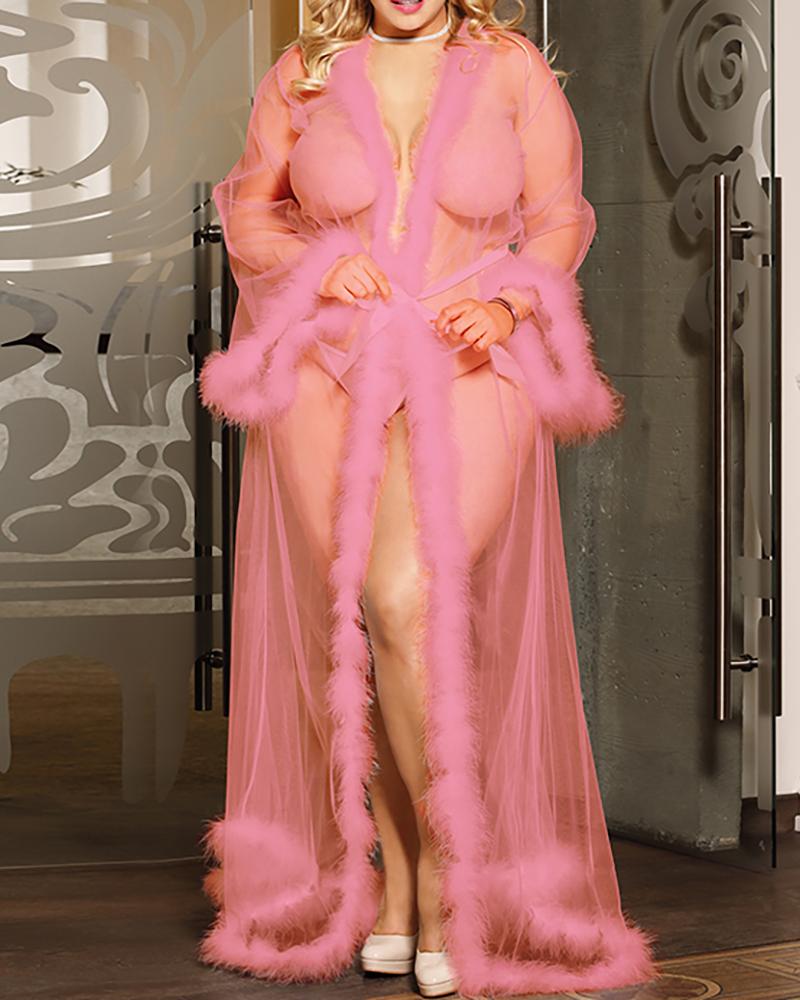 

Plus Size Sheer Mesh Feather Detail Robe, Pink