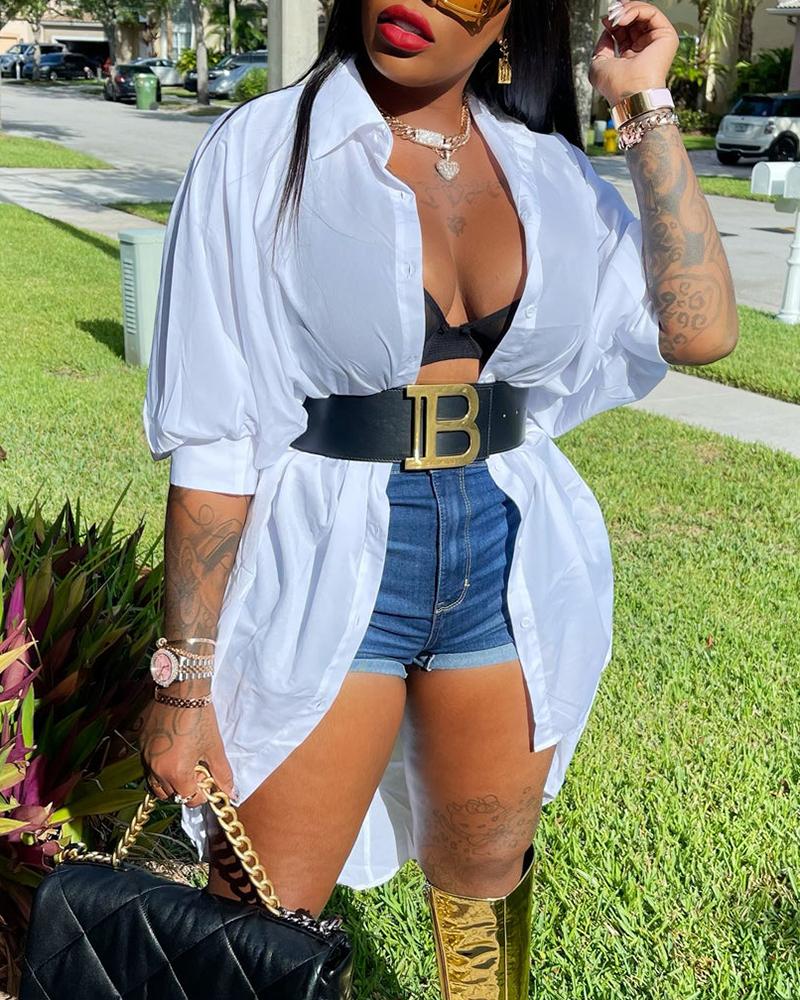 

Lantern Sleeve Buttoned Shirt Without Belt, White