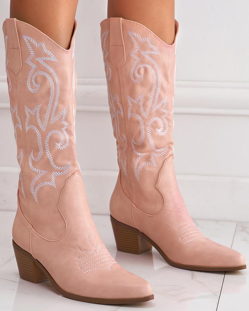 

Embroidery Chunky Cowboy Boots, Pink