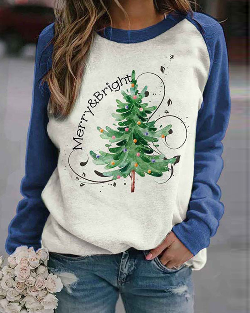 

Christmas Tree Print Long Sleeve Top, Blue