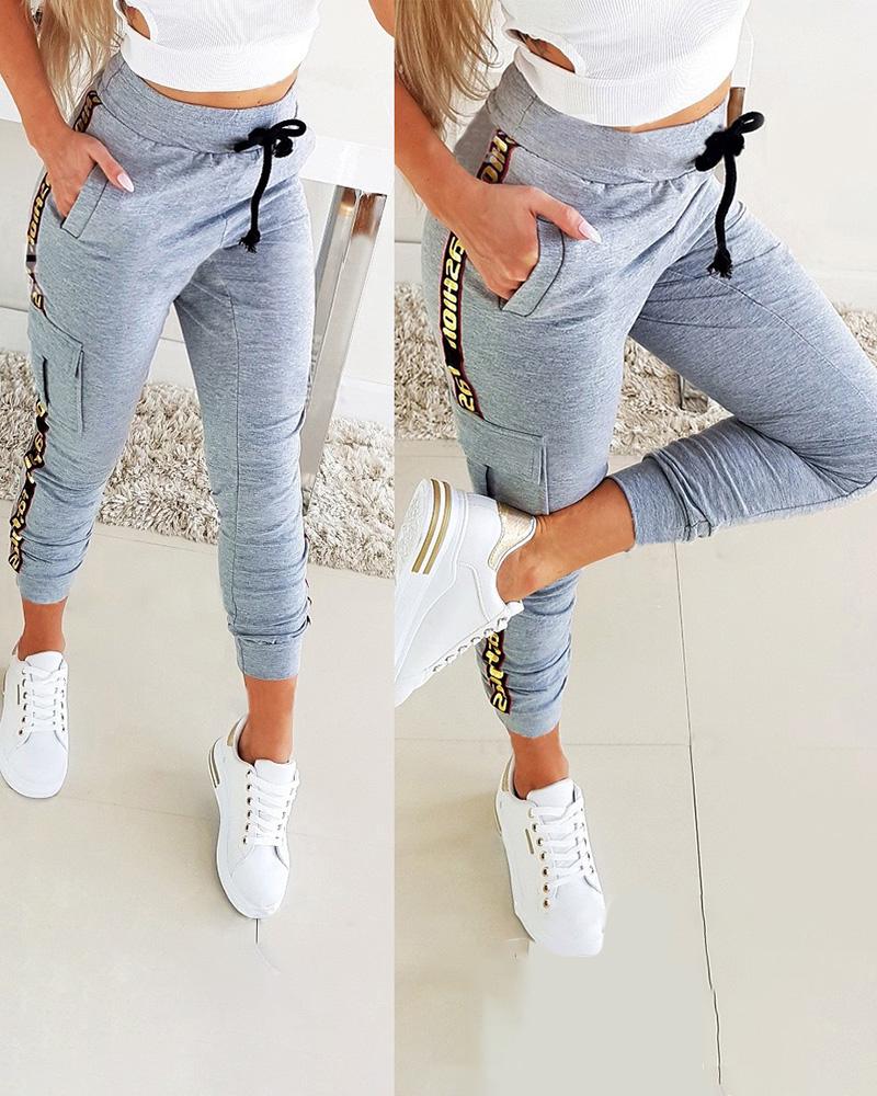 

Letter Strap Drawstring Pocket Design Sweatpants, Gray