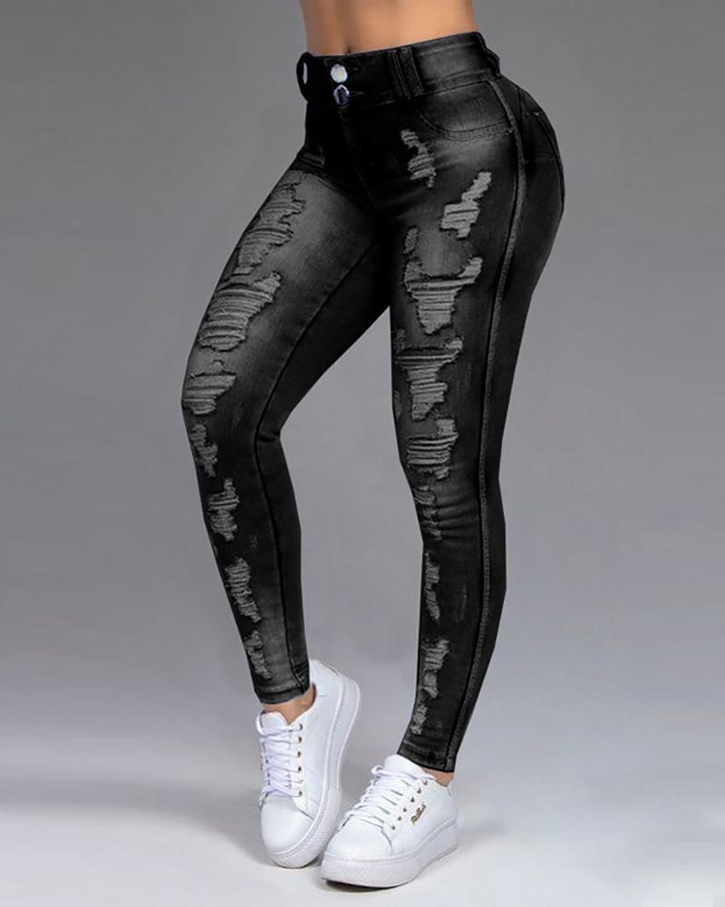

Ripped Single Button High Waist Jeans, Black