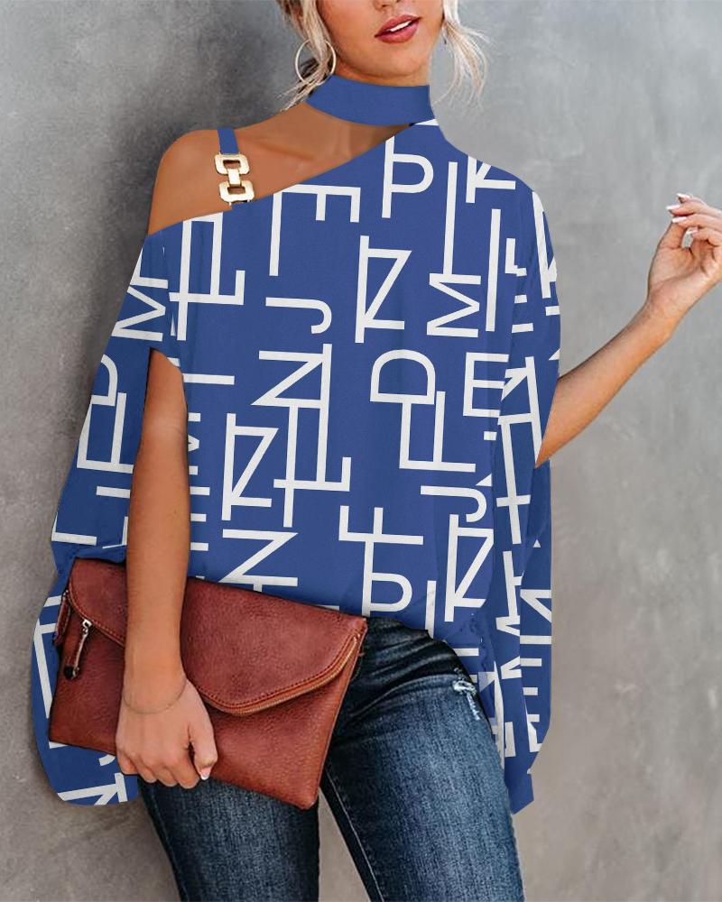 

Letter Print Chain Strap Cold Shoulder Top, Blue