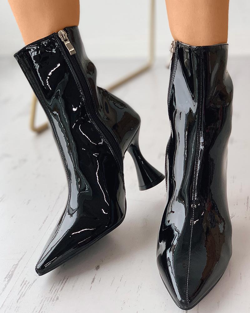 

Zipper Design Pointed Toe Pyramid Heeled Boots, Black