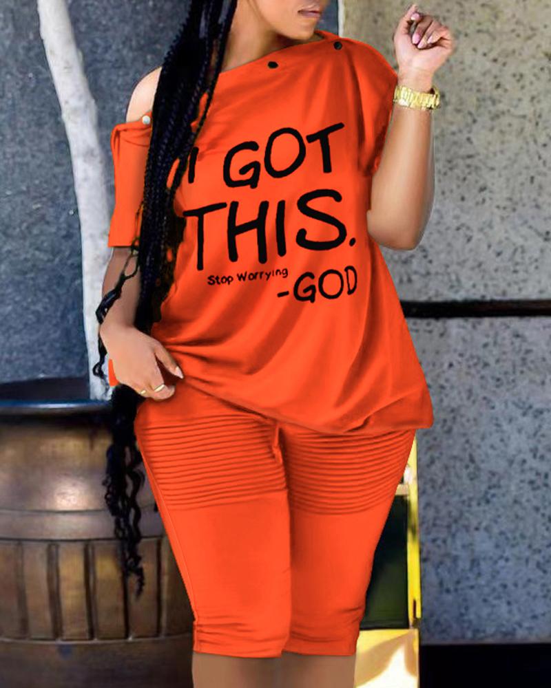 

Slogan Print Skew Neck Top & Ruched Shorts Set, Orange