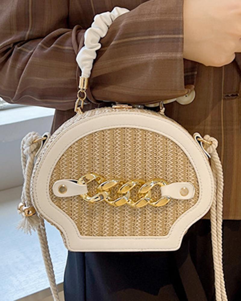 

Trendy Chain Decor Handbag Straw Crossbody Bag, White