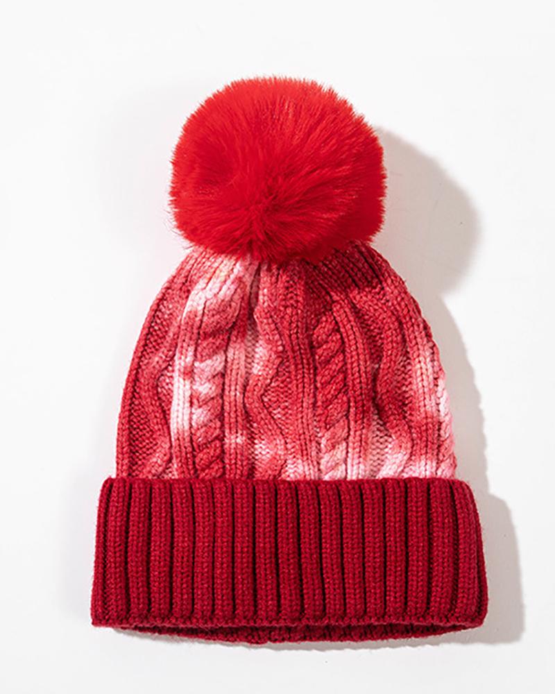 

Tie Dye Print Pom Pom Decor Knit Braided Beanie, Red