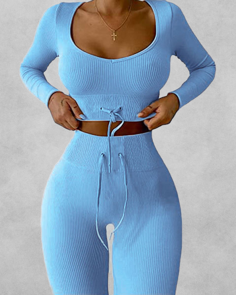 

Long Sleeve Crop Sports Tee With Drawstring Yoga Leggings, Blue