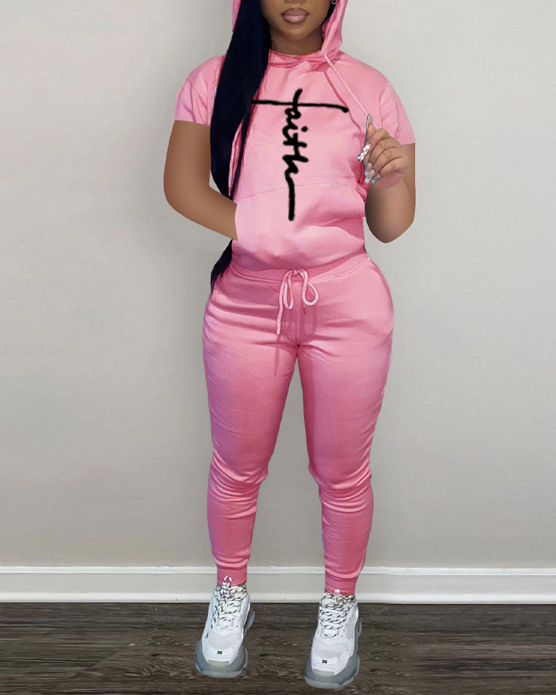 

Letter Print Hooded Top & Drawstring Pants Set, Pink