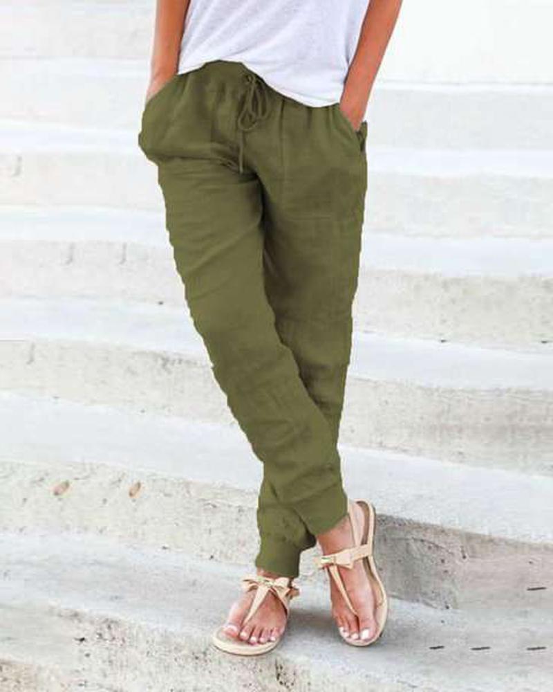 

Pocket Detail Drawstring Casual Pants, Green