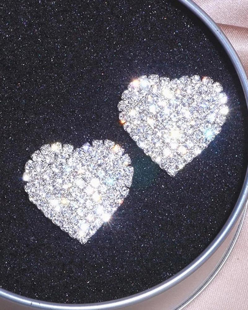 

1Pair Allover Rhinestone Heart Shaped Earrings, Silver