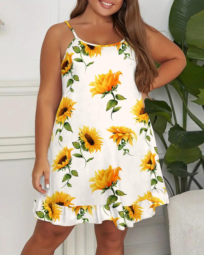 

Plus Size Sunflower Print Scoop Neck Ruffles Sleep Dress, White