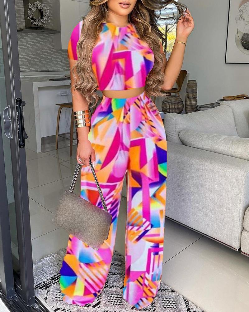 

Colorblock Short Sleeve Crop Top & Wide Leg Pants Set, Multicolor