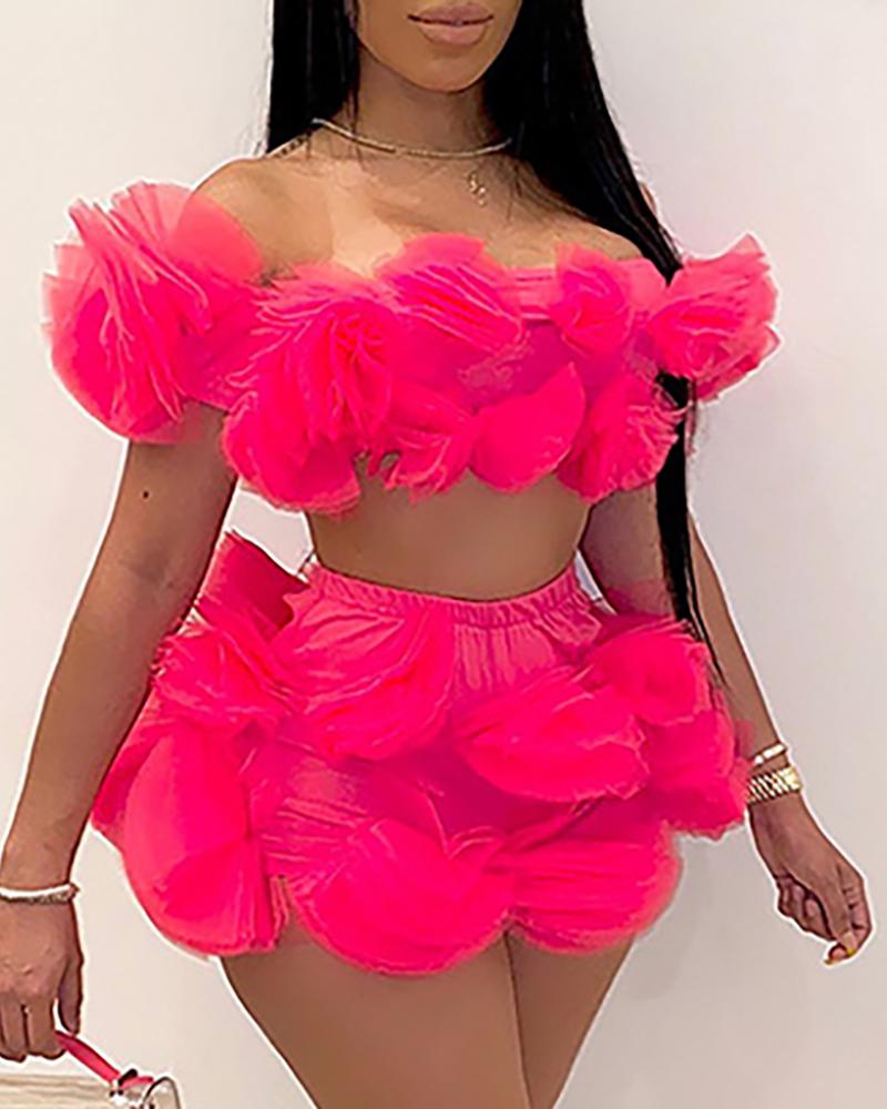 

Off Shoulder Shirring Design Mesh Top & Shorts Set, Hot pink