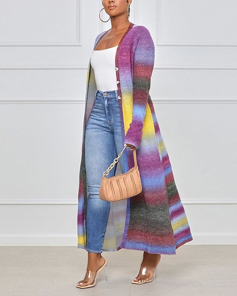 

Ombre Button Front Ribbed Longline Coat, Multicolor