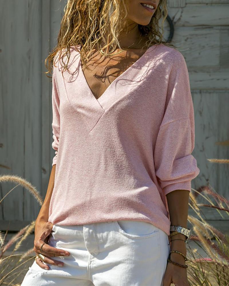 

V Neck Long Sleeve Casual Sweater, Pink