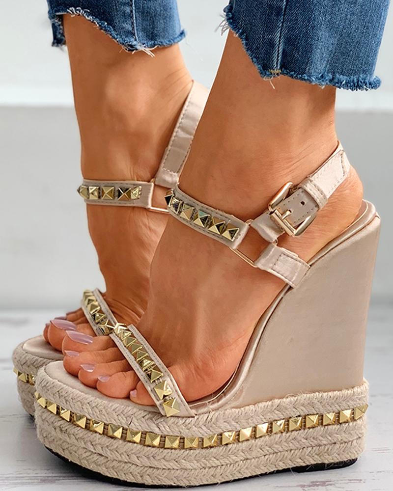 

Rivet Open Toe Espadrille Wedge Sandals, Beige